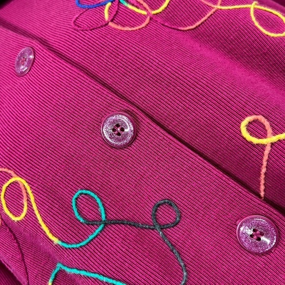 Vintage 80’s Koret Cardigan Fuchsia Rainbow Embroidery Petite Medium - Picture 8 of 12